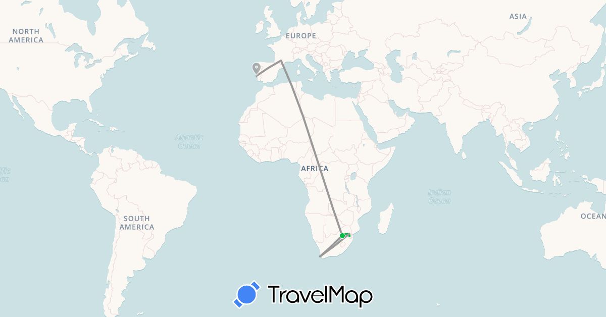 TravelMap itinerary: driving, bus, plane, hiking in France, Portugal, South Africa (Africa, Europe)